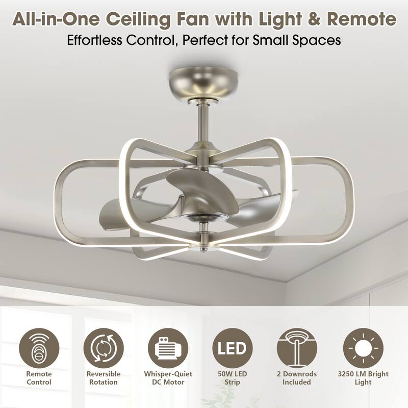 29" Modern Nickel Bladeless LED Ceiling Fan Chandelier with Light and Remote