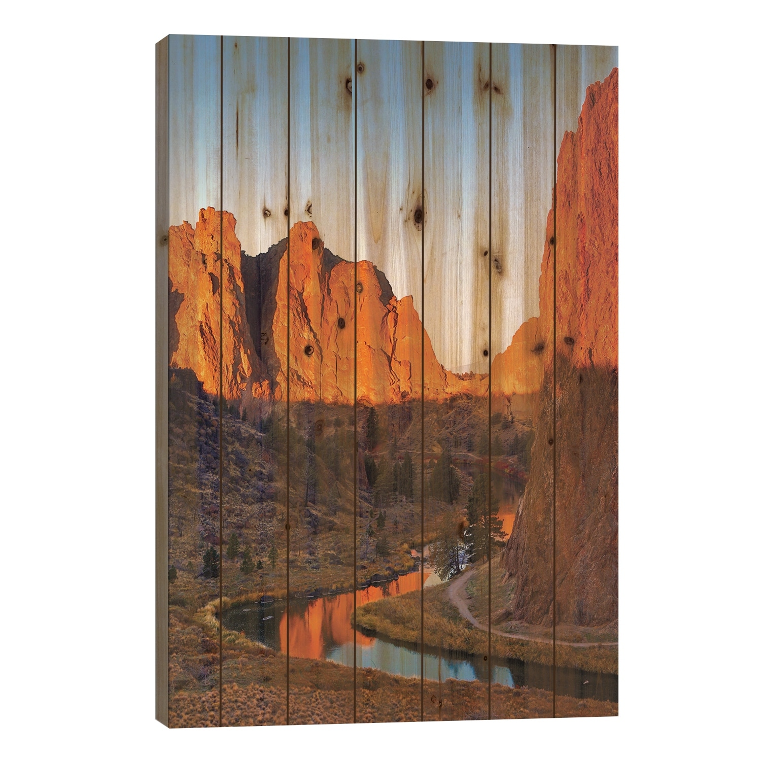 USA, Oregon, Bend. Smith Rock State Park, rock and reflections Print On Wood by Hollice Looney - Multi-Color