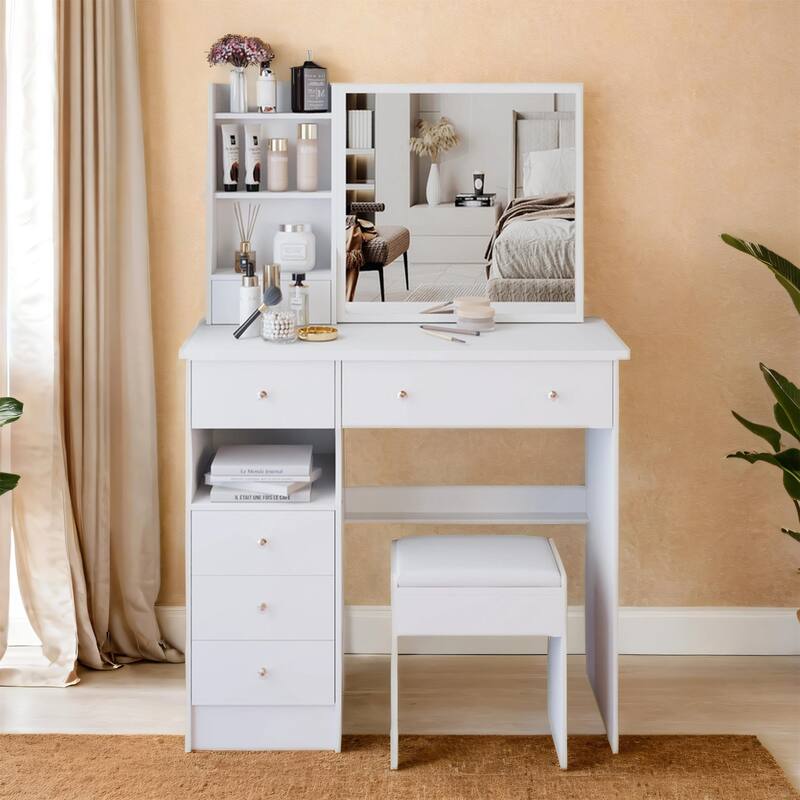 37" Bedroom Vanity Set with Sliding Mirror & Cushioned Stool