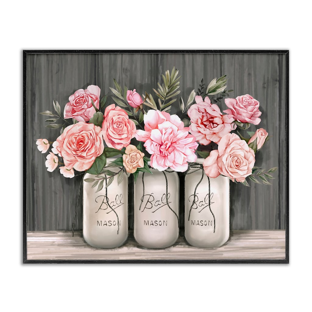 Stupell Blossoming Pink Rose Bouquets Rustic Country Jars Framed Wall Art