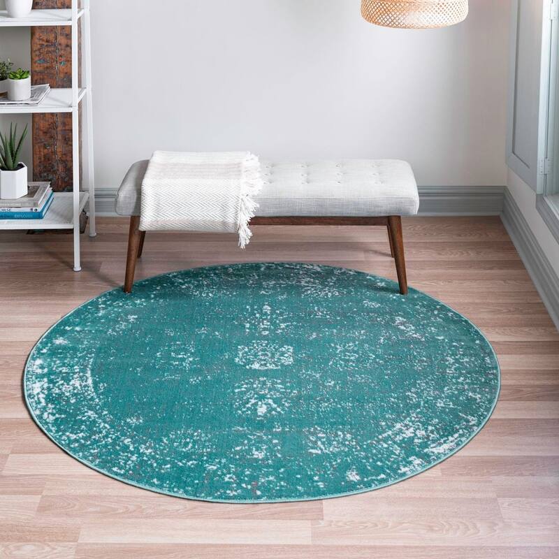 Transitional Fredo Collection Area Rug - 5' Round - Turquoise
