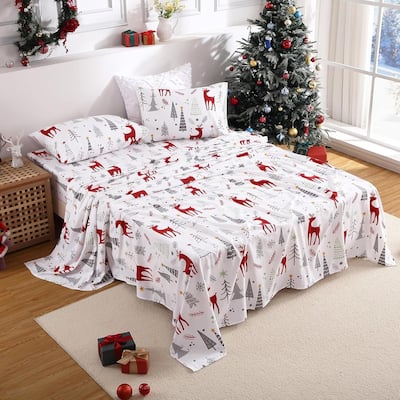 Christmas Soft Forest Deer Bed Sheets Set with 16 Inches Deep Pocket