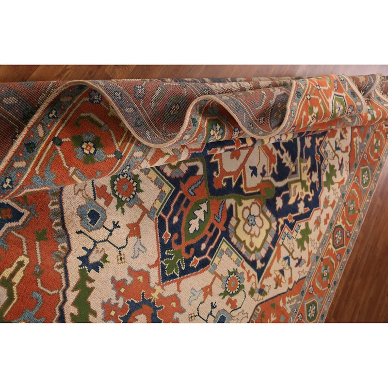Peach Geometric Heriz Serapi Indian Area Rug Hand-Knotted Wool Carpet - 8'11" x 11'8"