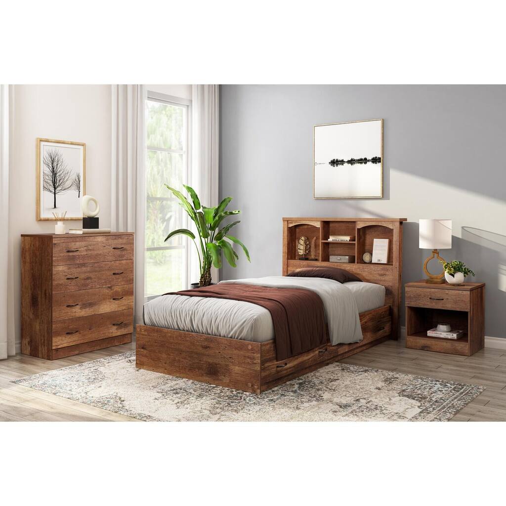 Twin Bed with Drawers - Mountain Oak Finish, Slat Kit Included, Reversible Design, Easy Assembly
