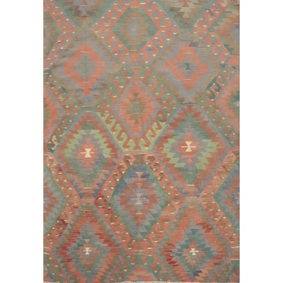Hand Woven Oriental 100% Wool Carpet Southwestern Tribal Oranges & Rust Kilim Area Rug - 7' 0'' X 5' 8''