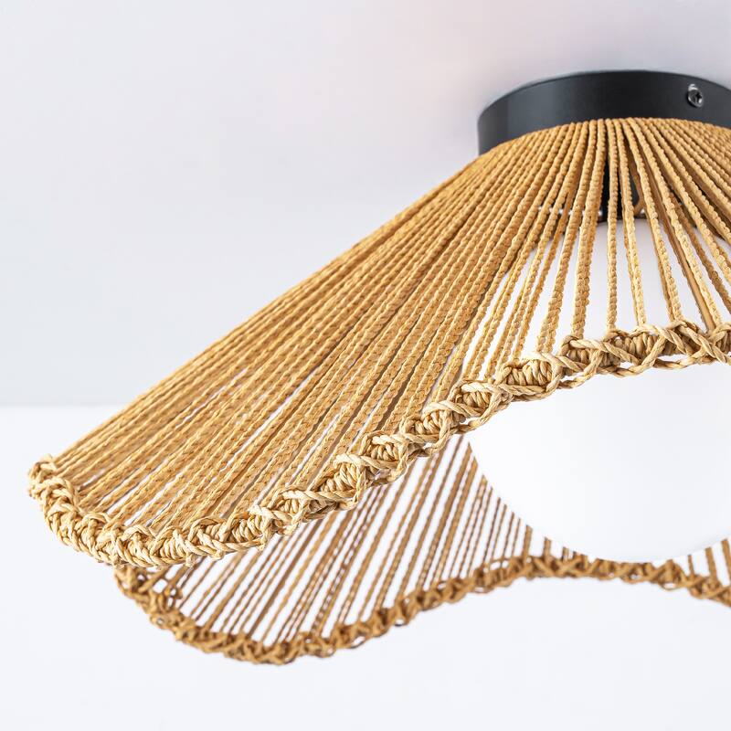 1-Light Boho Jute Rope Flush Mount Ceiling Light - Scalloped Natural Fiber Fixture for Bedroom - 1 Light
