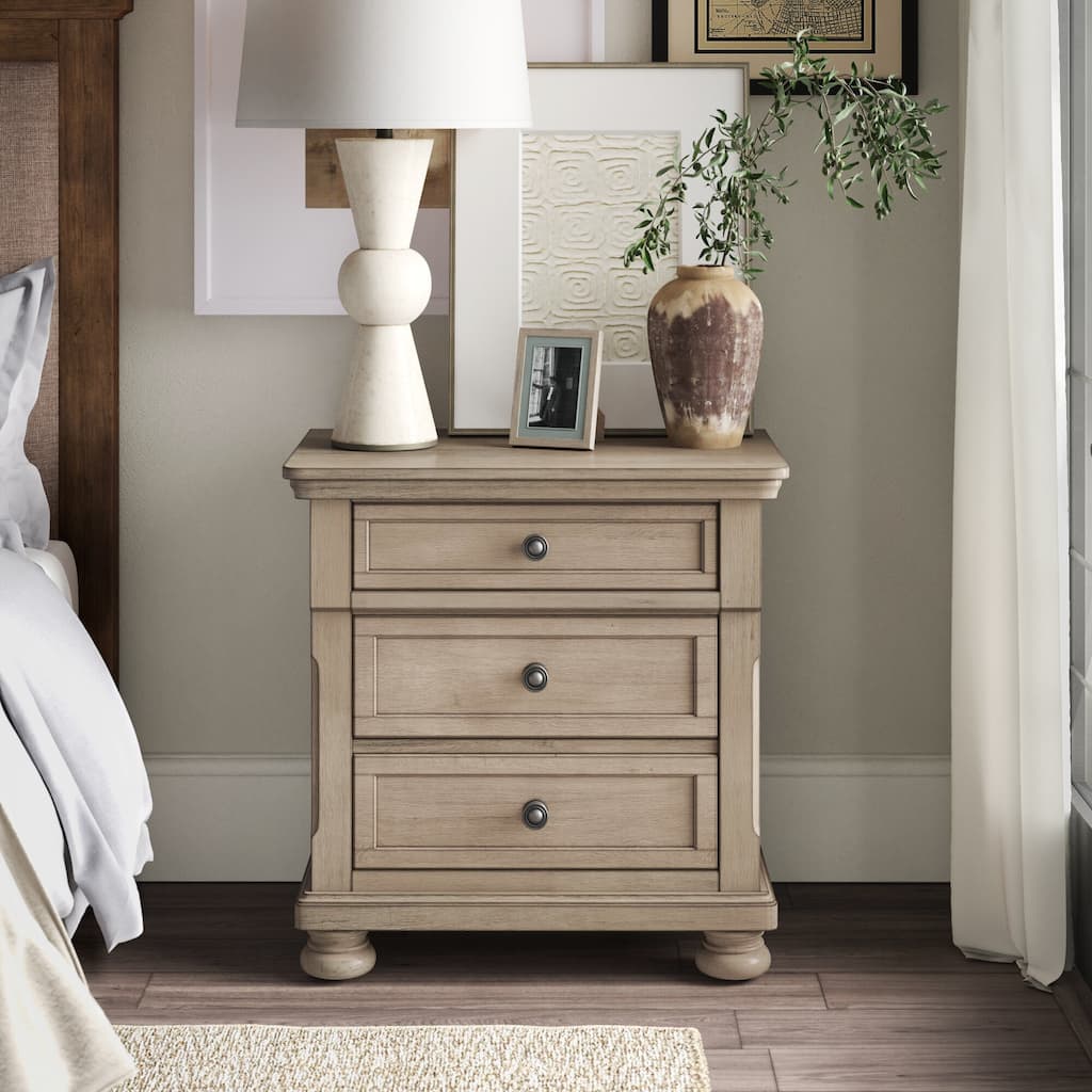 Transitional Bedroom Nightstand with Hidden Drawer Wire Brushed Birch Veneer Wood Bed Side Table