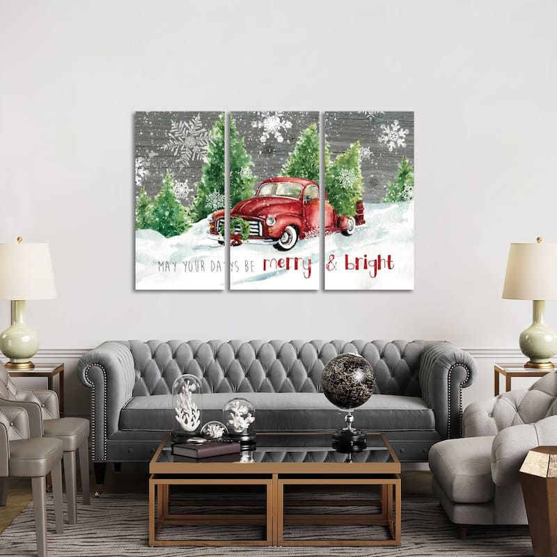 iCanvas "Merry and Bright Christmas Truck" by Carol Robinson 3-Piece Canvas Wall Art Set - 40x60x1.5