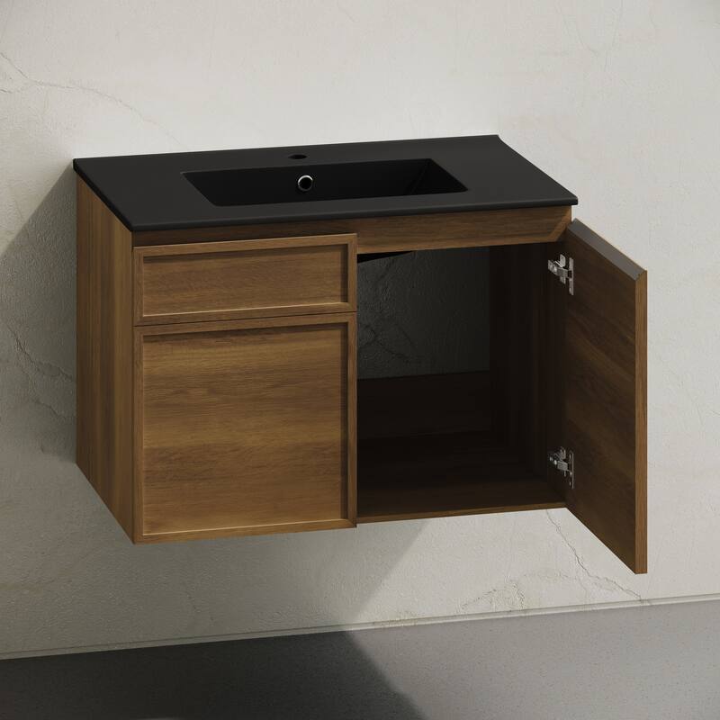 St. Tropez 30" Wall-Mounted Bathroom Vanity In Brown Oak With Black Sink Top - 30