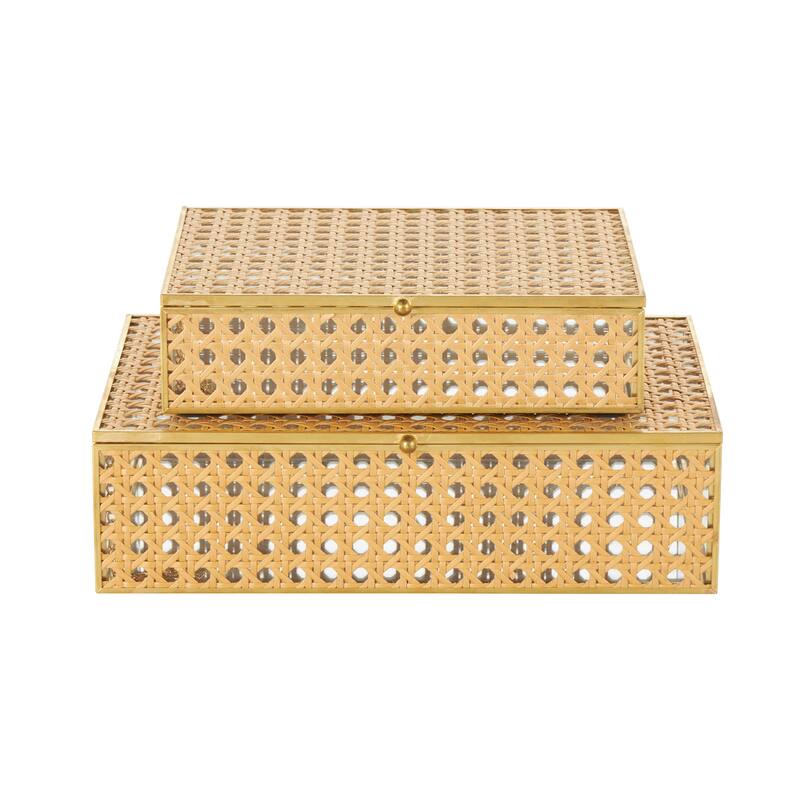 Brown Rattan Woven Decorative Jewelry Box with Glass Panels and Chain Accent (Set of 2)