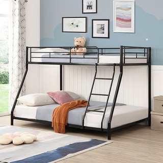 Black Twin over Full Size Metal Bunk Bed with Ladder and Fence for Kids, Boys and Girls