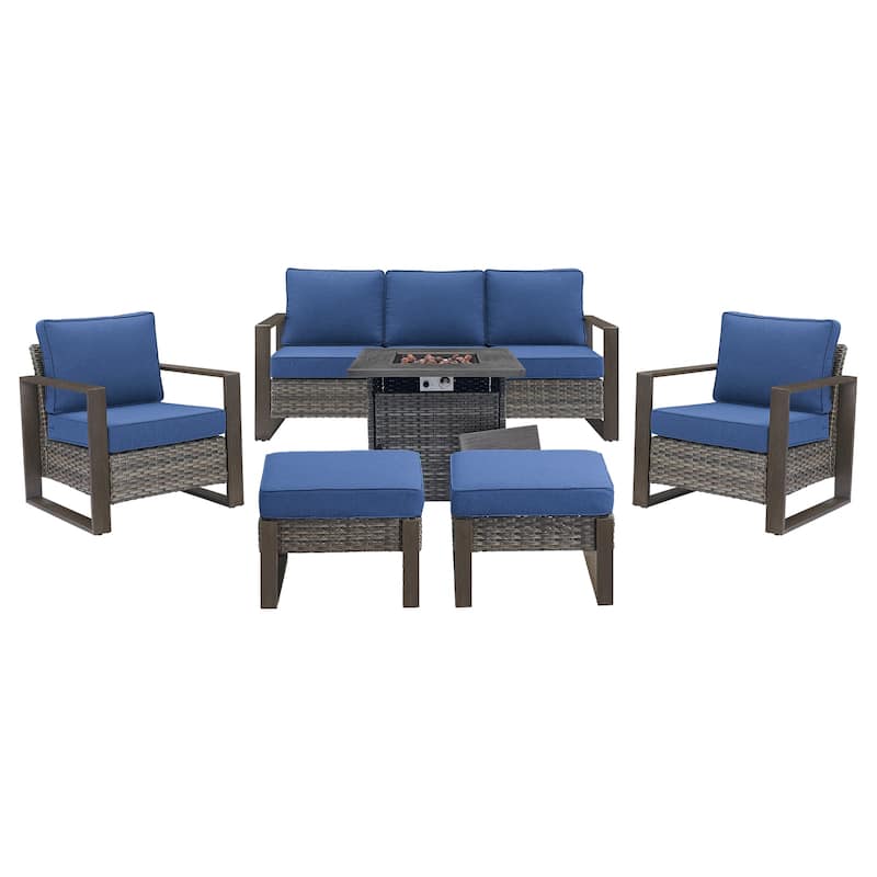 Pocassy Outdoor Fire Pit with 3-Seat Sofa Club Chairs Patio Furniture Set