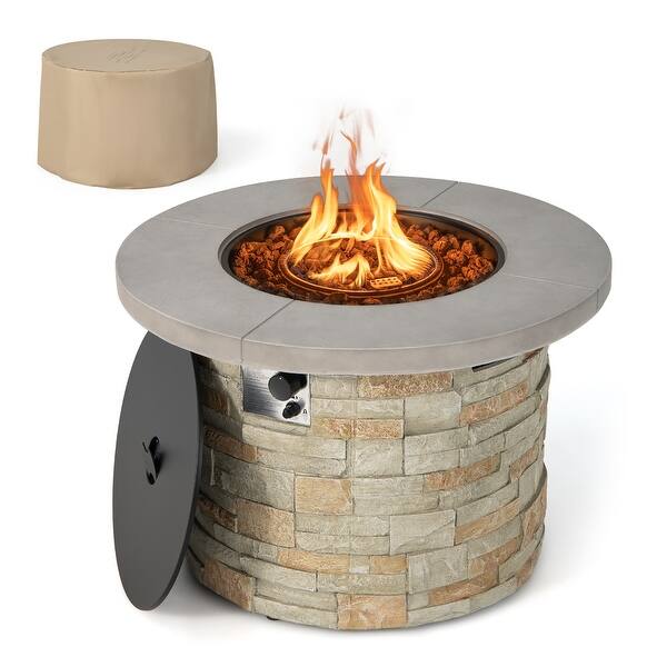Costway 36'' Round Propane Gas Fire Pit Table Faux Stone w/ Lava Rock