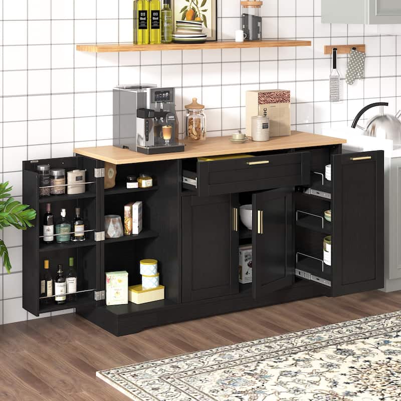 Multi-Functional Kitchen Sideboard with Extendable Dining Table, Storage Cabinet with 3-Tier Pull-Out Rack - Black