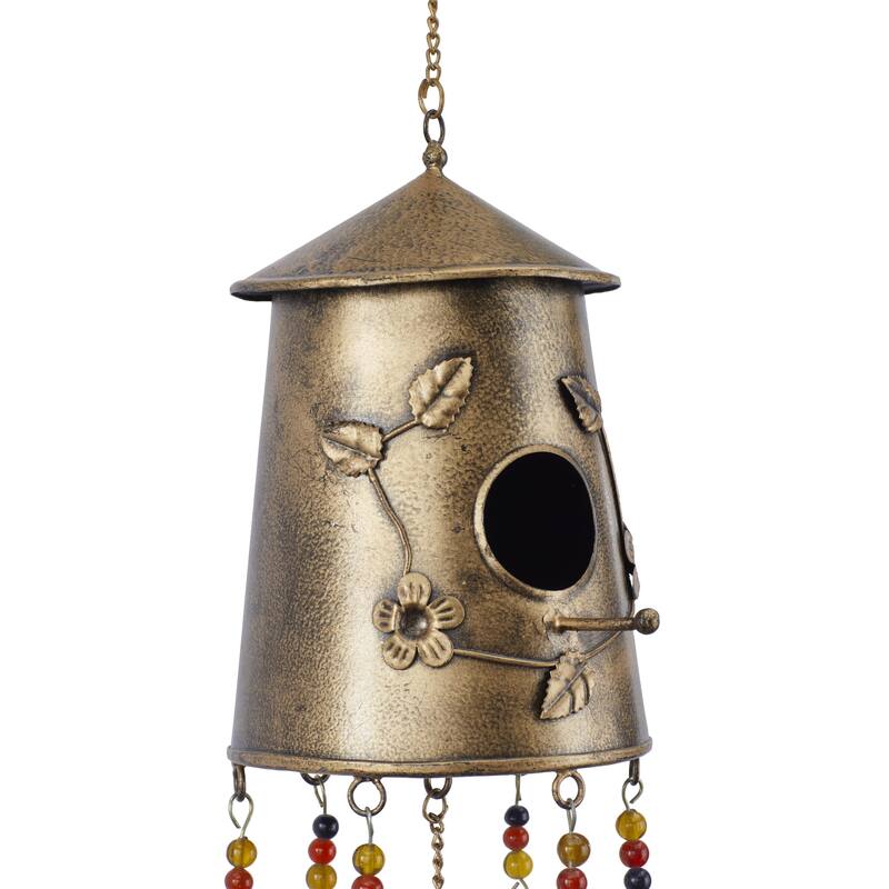 Metal Handmade Birdhouse Indoor Outdoor Windchime with Glass Beads and Bells - Bronze - Roche River Decor