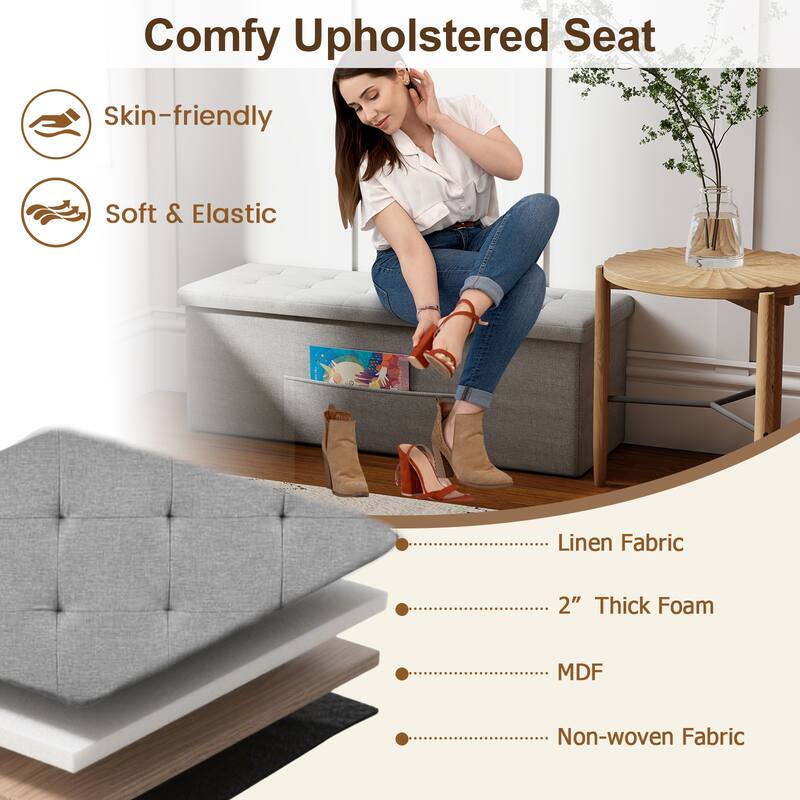 Large 38 Gallon Linen Fabric Storage Ottoman Bench Folding Multipurpose Footrest and Seat with Foam Cushion - 43" × 15" × 15"
