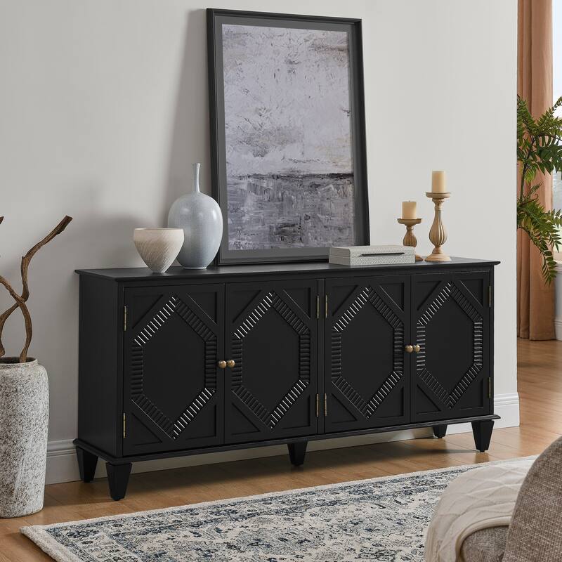 Rossetta 4-Door Classic Modern Retro Elegant Design Symmetrical Geometric Cabinet with Adjustable Shelf - Black