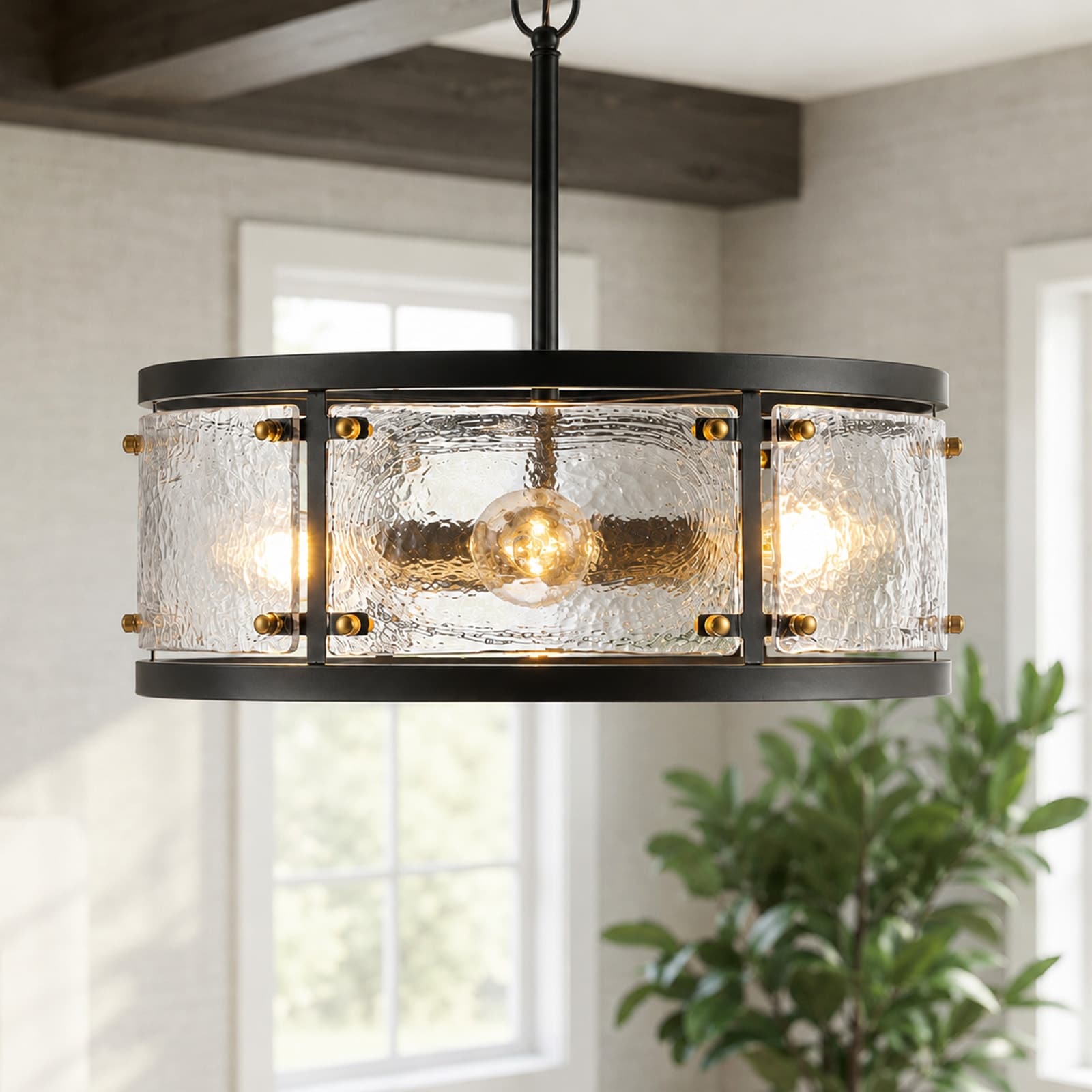 18.9" Modern Farmhouse Black and Gold Drum 4-Light Pendant Light with Handmade Clear Ice Textured Glass