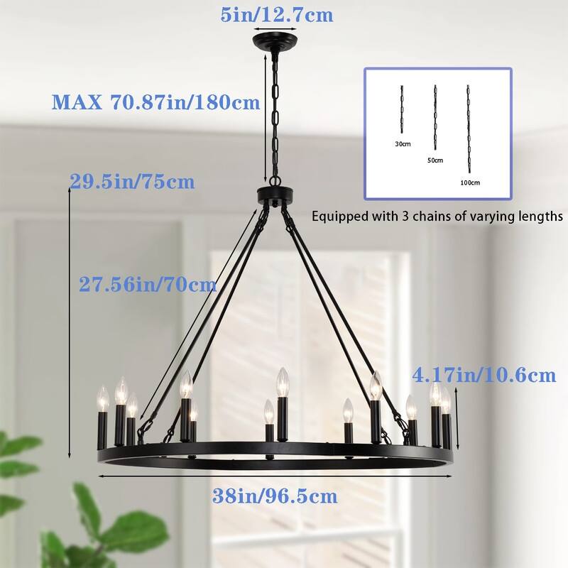 12 Lights Wagon Wheel Chandelier Black Rustic Farmhouse Chandelier - 38IN