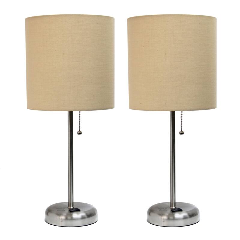 Stick Table Lamps with Drum Shade - 19.5" - Silver and Tan - Set of 2
