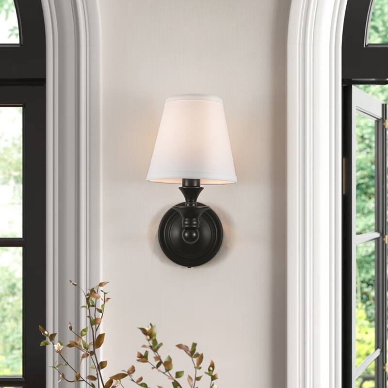 Rennnsan 1-Light Farmhouse Black/Gold Iron Wall Sconce with White Fabric Shade