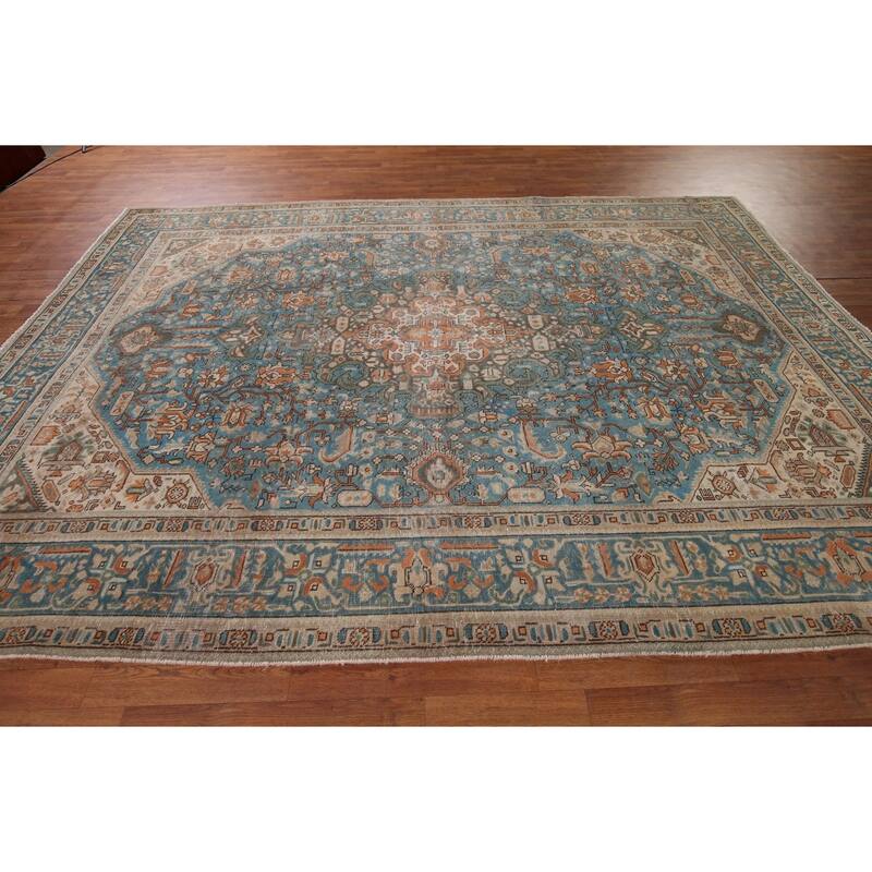 Blue Distressed Tabriz Vintage Persian Rug Hand-Knotted Wool Carpet - 8'1" x 11'2"