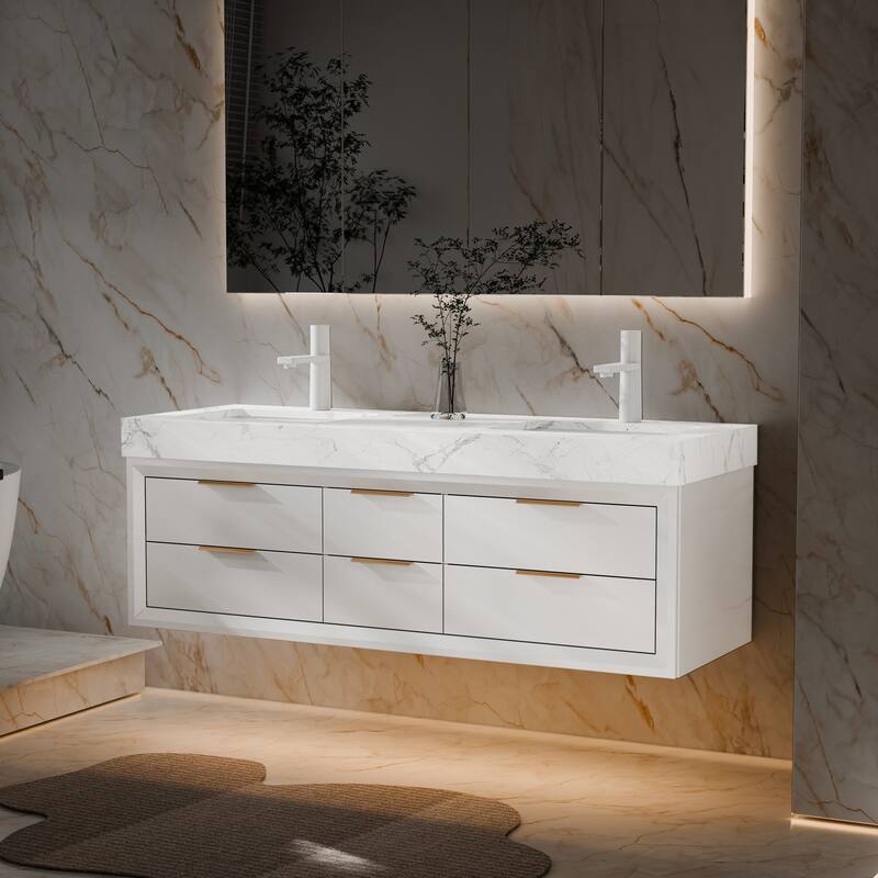 Modland 60" Modern Floating Bathroom Vanity with Double Sink, Soft-Close Drawers, White Stone Countertop