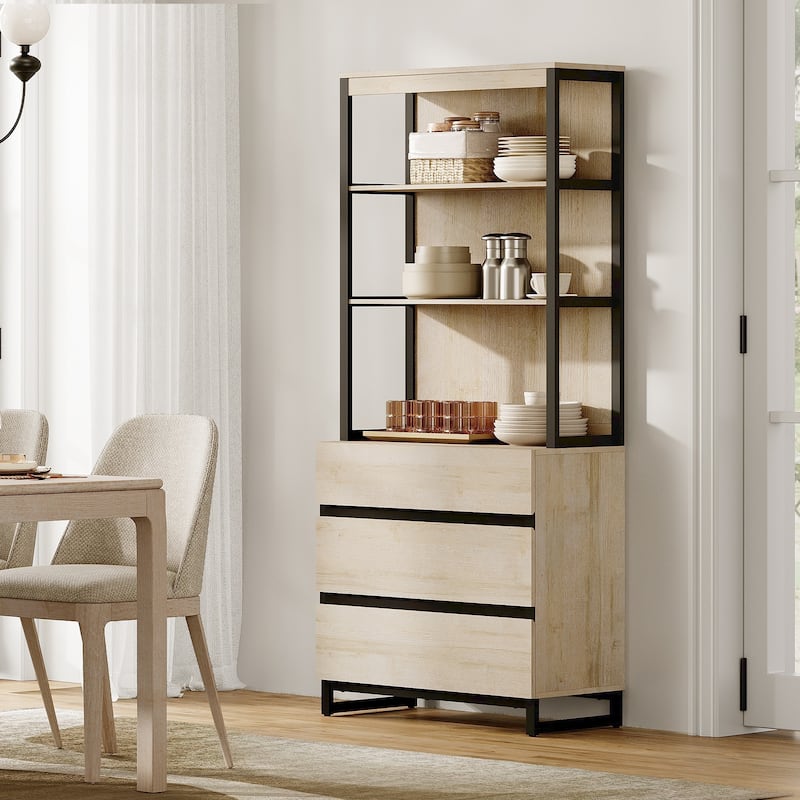 WAMPAT Modern 72" Tall Bookcase with Drawers and Open Book Shelfs, Library Book Shelf for Home Office, Living Room