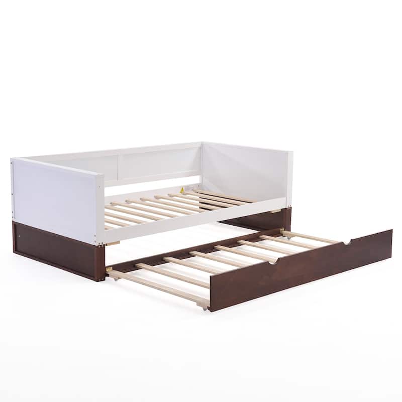Twin Daybed with Trundle - Solid Wood Sofa Bed Frame, 350lbs Capacity, Locking Wheels , Multi-Functional for Living Room