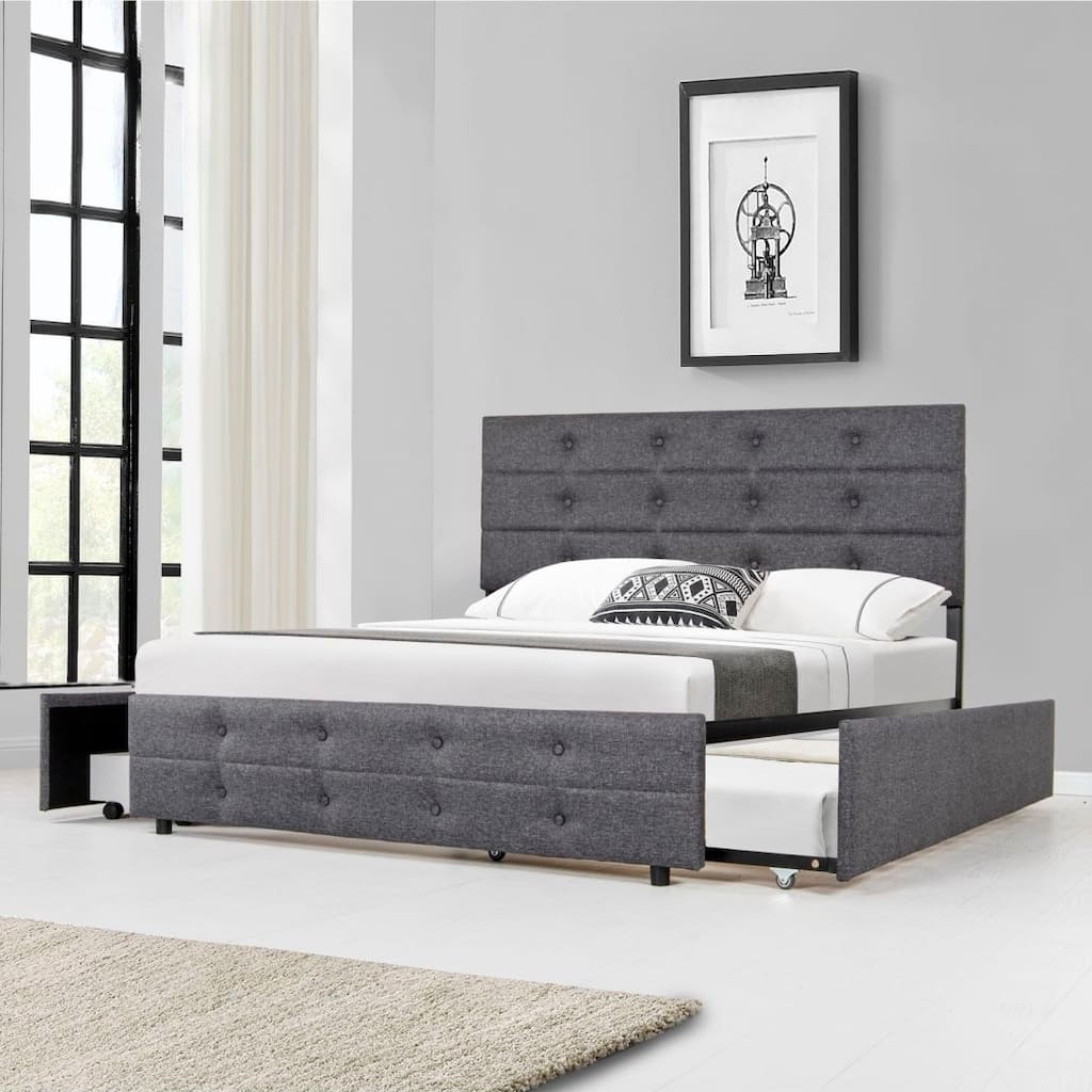 Grey Queen Size Upholstered Linen Fabric Trundle bed with drawers