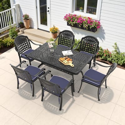 5/7-Piece Cast Aluminum Outdoor Dining Set with 59.06'' L X 35.43'' W Rectangular Table and Seat Cushions