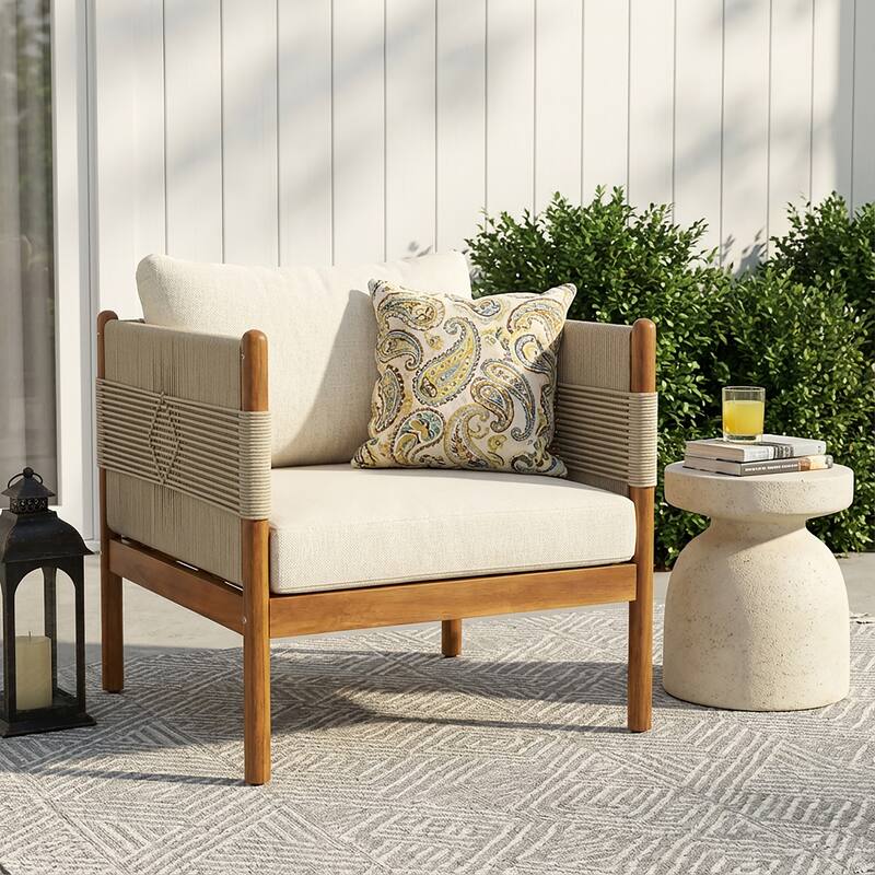 Christopher Knight Home - Outdoor Patio 29.72" Acacia Wood Club Chair with Handwoven Rope Panels and Cushions - Beige,Cream,Teak finish - 1-piece