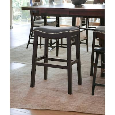 HomeRoots 26" Gray and Espresso Faux Leather and Solid Wood Backless Counter Height Bar Chair