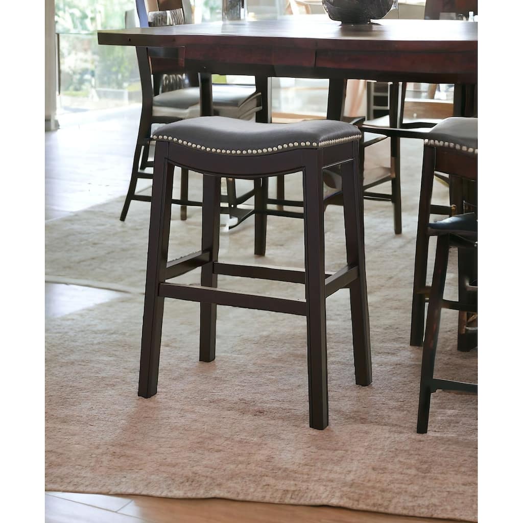 HomeRoots 26" Gray and Espresso Faux Leather and Solid Wood Backless Counter Height Bar Chair