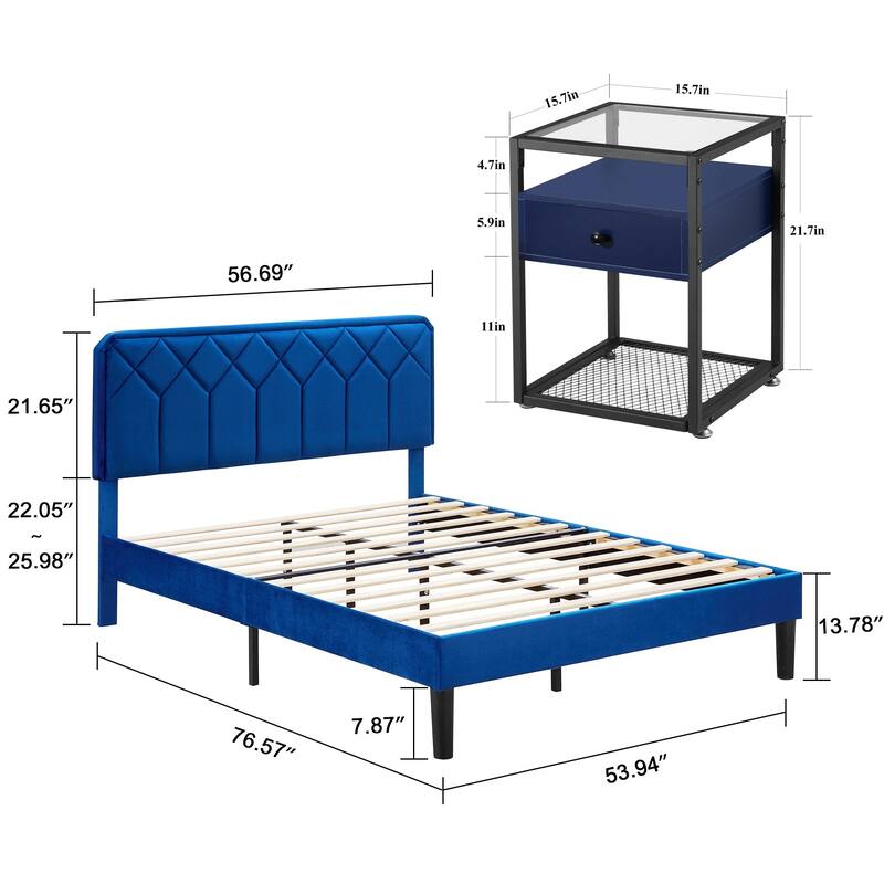 VECELO, 3-Pieces Upholstered Platform Bed Frame with Height Adjustable Headboard and Nightstands Set of 2