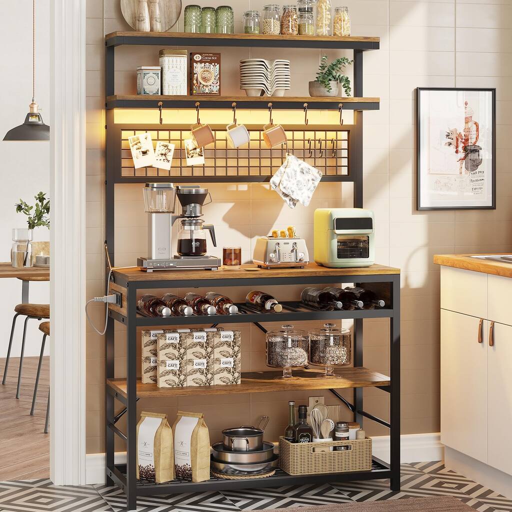 Bakers Rack with Power Outlet, 6-Tier Coffee Bar, Microwave Stand with Wine Rack, LED Lights and 10 Hooks, Bakers Racks