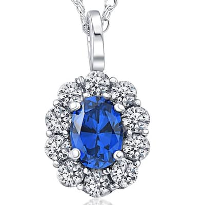 2 ct Oval Created Blue Sapphire & Genuine Diamond Halo Pendant White Gold