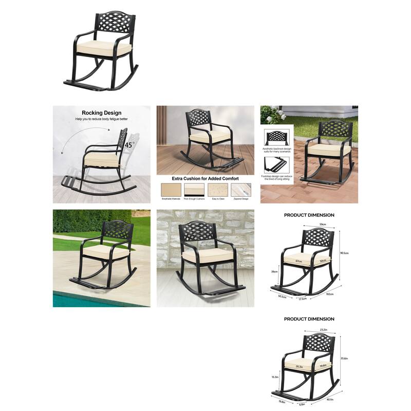 Metal Rocking Chair with Cushion and Footrest for Patio - 23.2" x 40.1" x 35.6"