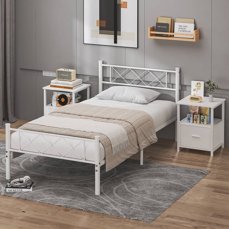 VECELO Industrial 3-Piece Bedroom Set Metal Bed Frame with Headboard and Modern Nightstand Set of 2