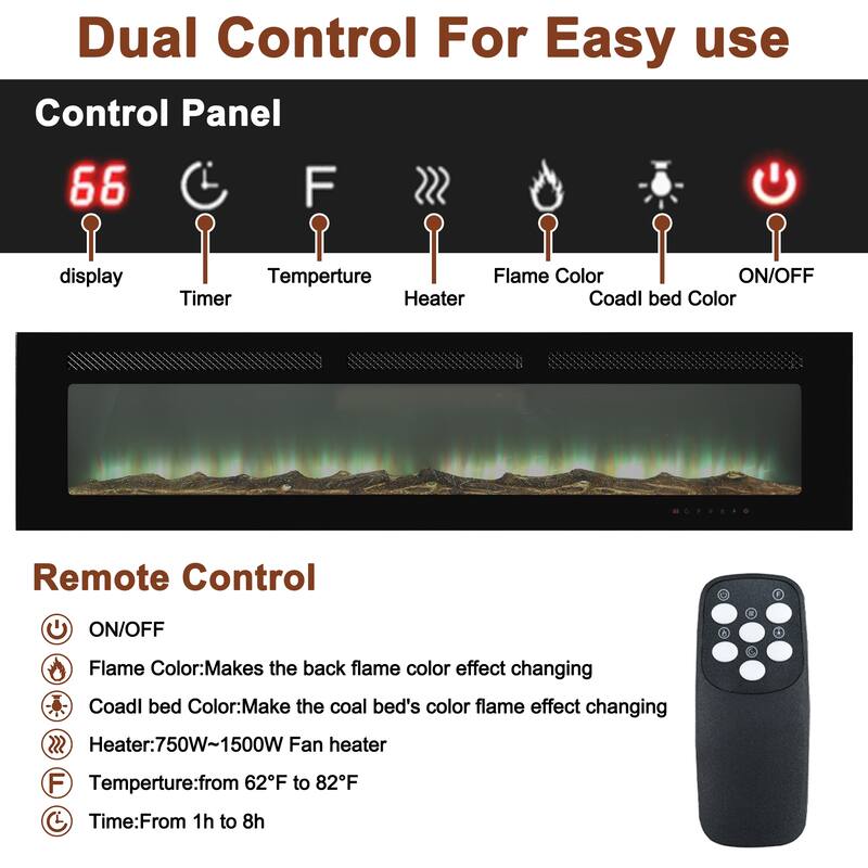 LED Recessed Electric Fireplace with 3 Top Light Colors, Remote Control, Adjustable Heating, and Touch Screen 1500W, Black