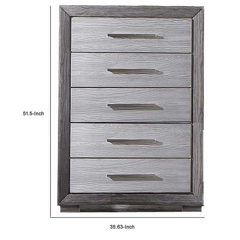 Reno 52 Inch Tall Dresser Chest, Brushed Gray Wood, Chrome Bracket Legs