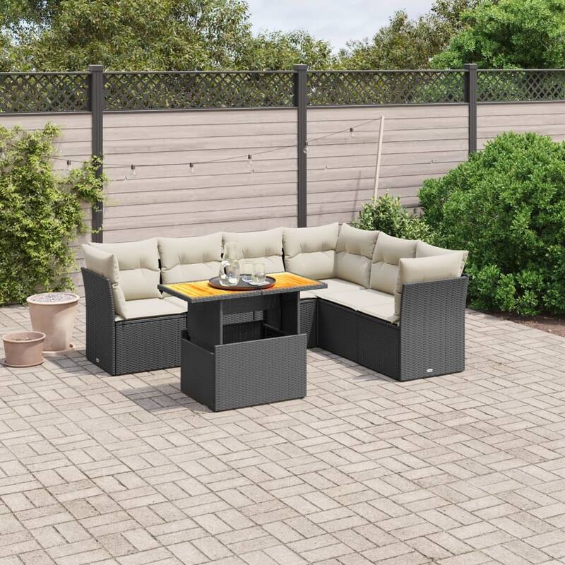 vidaXL Patio Sofa Set with Cushions Outdoor Table and Sofas 7 Piece Poly Rattan - 21.7 x 39.4 x 28.7 - Black - form2