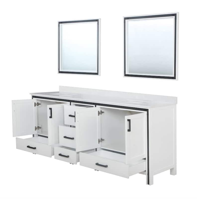 Ziva 84 in W x 22 in D White Double Bath Vanity, White Quartz Top and 34 in Mirrors