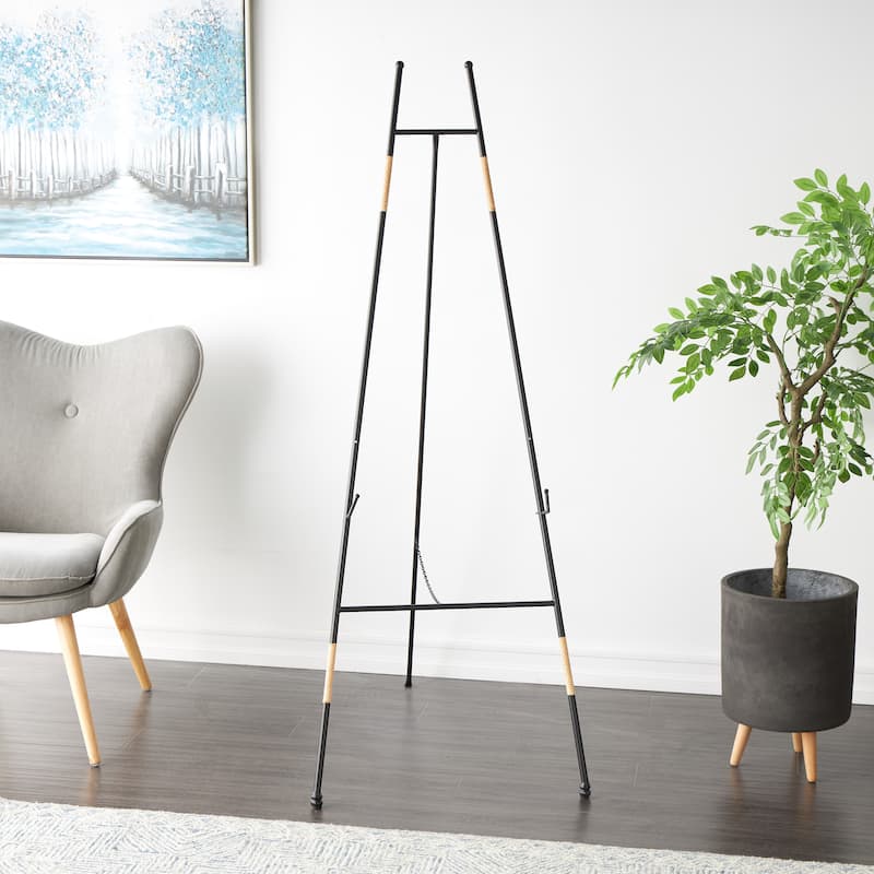 Black Metal Slim Foldable 2 Tier Easel with Wrapped Rattan Accents