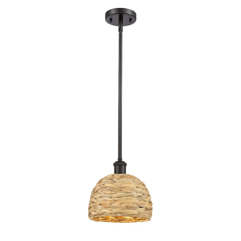 Innovations Lighting Woven Rattan - 1 Light 8" Stem Hung Pendant - Oiled Brass/Natural Rattan