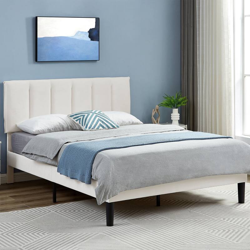 Upholstered Velvet Upholstered Bed Frame with Adjustable Height Headboard No Box Spring Needed Platform Bed Under Bed Storage