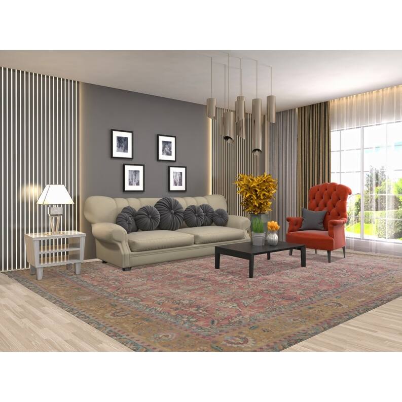 Hand Knotted Oriental 100% Wool Carpet Traditional All-Over Pink Tabriz Area Rug - 12' 8'' X 9' 7''