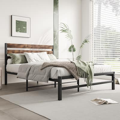 Black Rustic Full Platform Bed Frame with Wood and Metal, Vintage Headboard, and Strong Slats