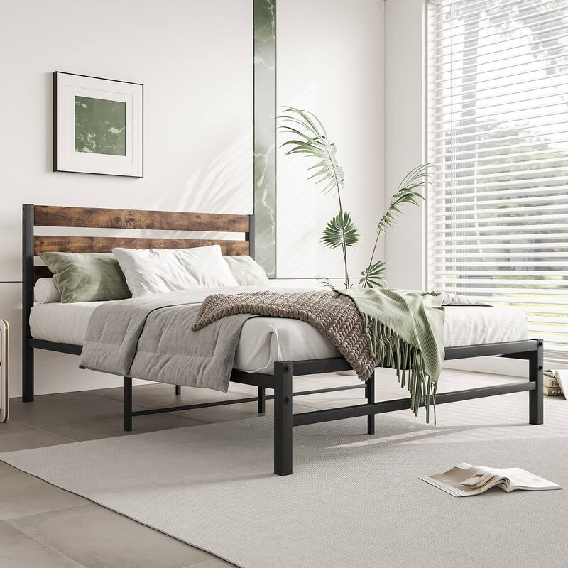 Black Rustic Full Platform Bed with Metal Slats - Full