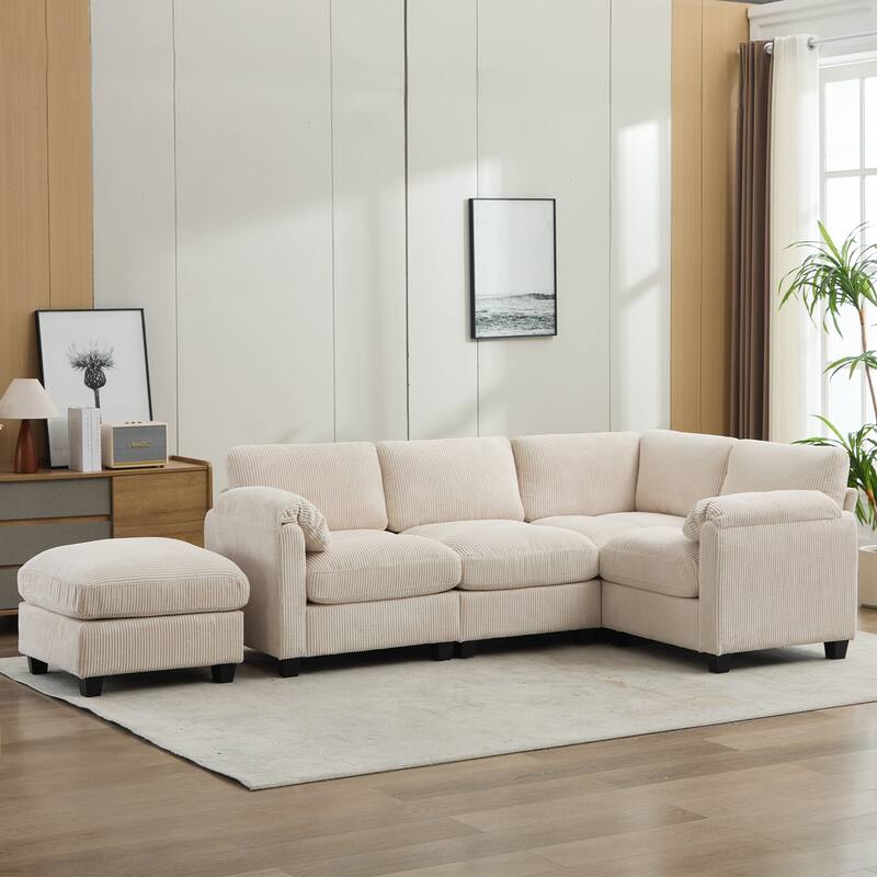 5-Seater Corduroy Sectional Sofa, Removable Ottoman, Modular Design